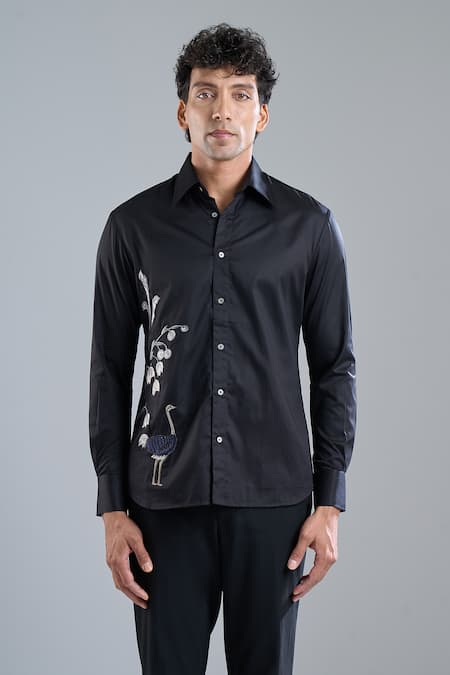 Shop_Rohit Bal_Black Poplin Embroidery Floral Placement Shirt _Online_at_Aza_Fashions