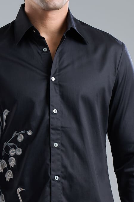 Rohit Bal_Black Poplin Embroidery Floral Placement Shirt _at_Aza_Fashions