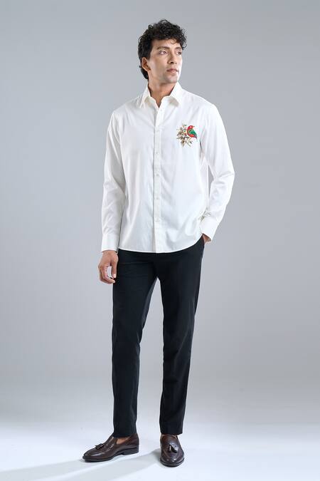 Rohit Bal Ivory Poplin Embroidery Parrot Placement Shirt Online at Aza Fashions Rohit Bal_Ivory Poplin Embroidery Parrot Placement Shirt _Online_at_Aza_Fashions