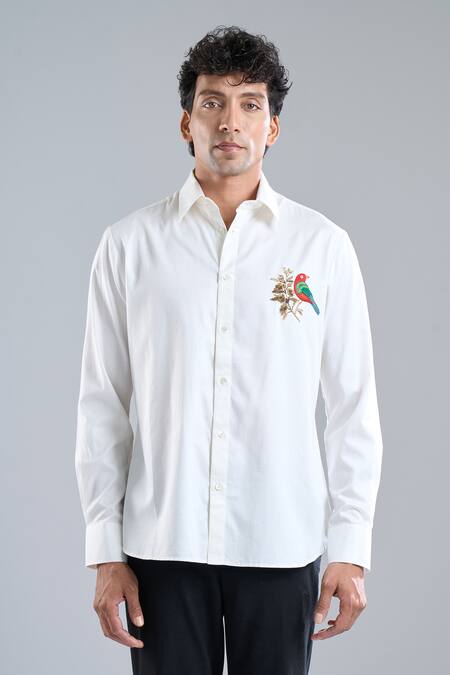 Rohit Bal Ivory Poplin Embroidery Parrot Placement Shirt at Aza Fashions Rohit Bal_Ivory Poplin Embroidery Parrot Placement Shirt _at_Aza_Fashions