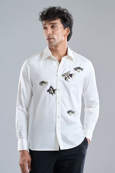 Rohit Bal_Ivory Poplin Embroidery Shirt _at_Aza_Fashions