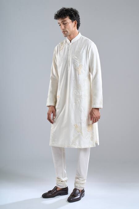 Buy_Rohit Bal_Ivory Chanderi Embroidery Kurta _Online_at_Aza_Fashions