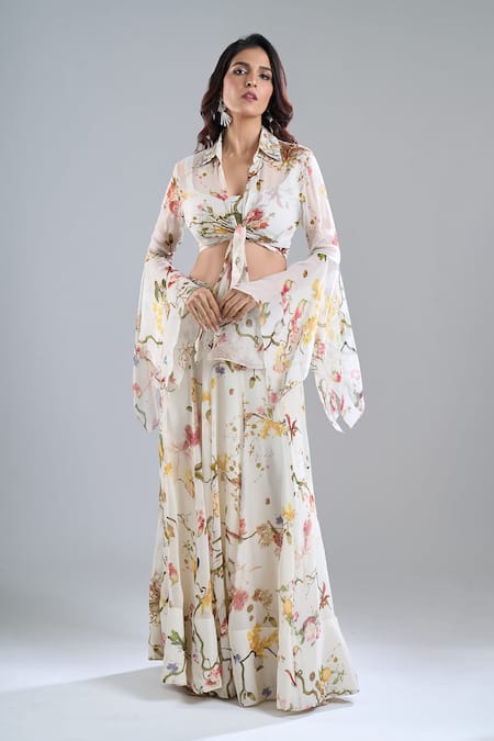 Anamika Khanna_Ivory Beads Scoop Neck, Collared Printed Skirt Set _Online_at_Aza_Fashions