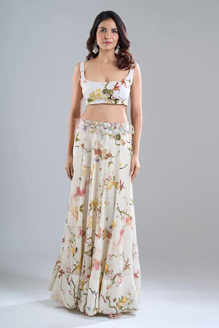 Buy_Anamika Khanna_Ivory Beads Scoop Neck, Collared Printed Skirt Set _Online_at_Aza_Fashions