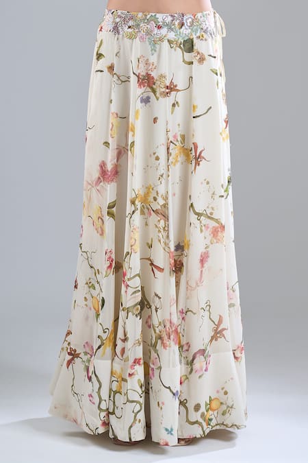 Shop_Anamika Khanna_Ivory Beads Scoop Neck, Collared Printed Skirt Set _Online_at_Aza_Fashions