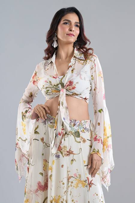 Anamika Khanna_Ivory Beads Scoop Neck, Collared Printed Skirt Set _at_Aza_Fashions