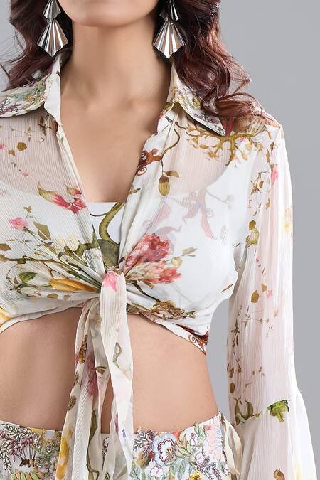 Buy_Anamika Khanna_Ivory Beads Scoop Neck, Collared Printed Skirt Set 