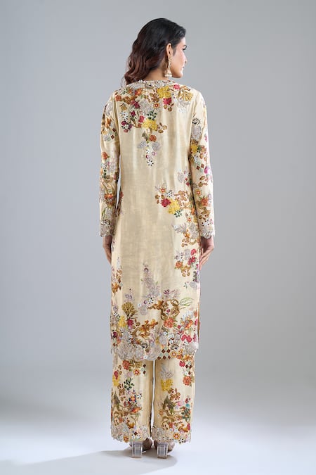Shop Anamika Khanna Beige Embroidery, Sequins Round Neck Floral Print Kurta Set at Aza Fashions Shop_Anamika Khanna_Beige Embroidery, Sequins Round Neck Floral Print Kurta Set_at_Aza_Fashions