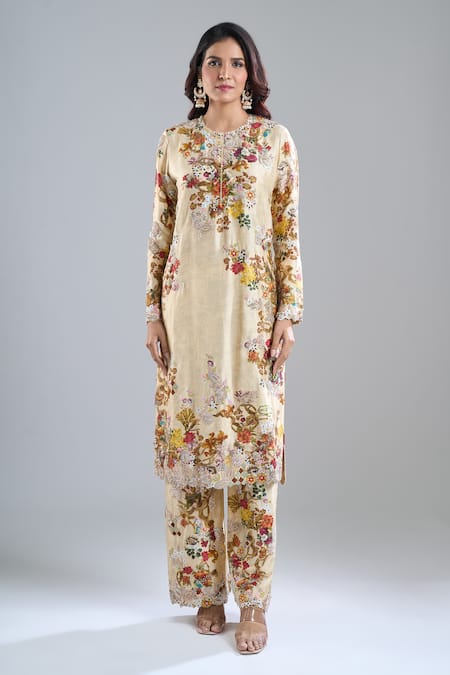 Anamika Khanna Beige Embroidery, Sequins Round Neck Floral Print Kurta Set Online at Aza Fashions Anamika Khanna_Beige Embroidery, Sequins Round Neck Floral Print Kurta Set_Online_at_Aza_Fashions