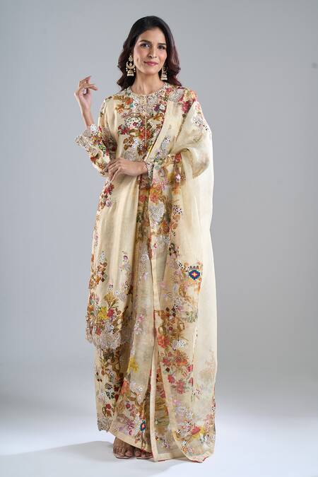 Anamika Khanna Beige Embroidery, Sequins Round Neck Floral Print Kurta Set at Aza Fashions Anamika Khanna_Beige Embroidery, Sequins Round Neck Floral Print Kurta Set_at_Aza_Fashions
