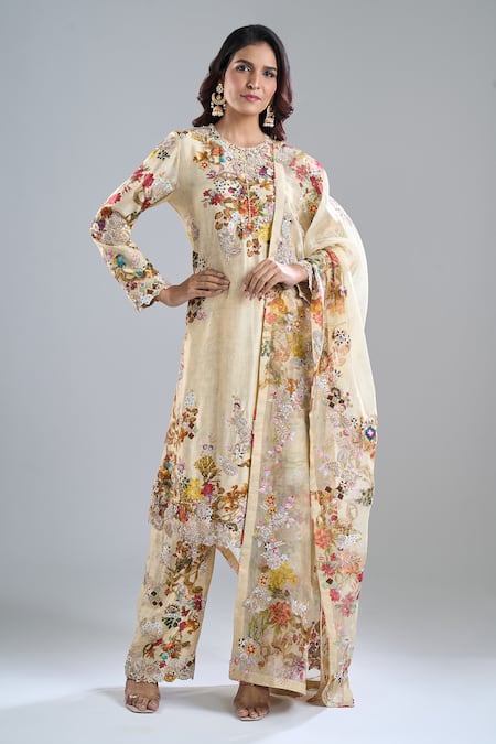 Anamika Khanna Beige Embroidery, Sequins Round Neck Floral Print Kurta Set