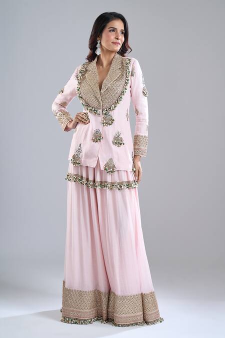 Shop Anamika Khanna Pink Embroidery, Zari, Beads, Stones, Metallic Thread Blazer Set Online at Aza Fashions Shop_Anamika Khanna_Pink Embroidery, Zari, Beads, Stones, Metallic Thread Blazer Set _Online_at_Aza_Fashions