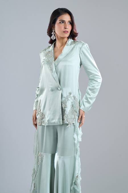 Anamika Khanna_Blue Embroidery Blazer And Sharara Set _Online_at_Aza_Fashions