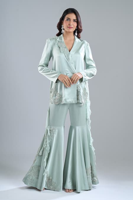 Buy_Anamika Khanna_Blue Embroidery Blazer And Sharara Set _Online_at_Aza_Fashions