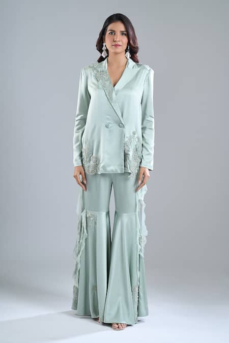 Anamika Khanna_Blue Embroidery Blazer And Sharara Set _at_Aza_Fashions