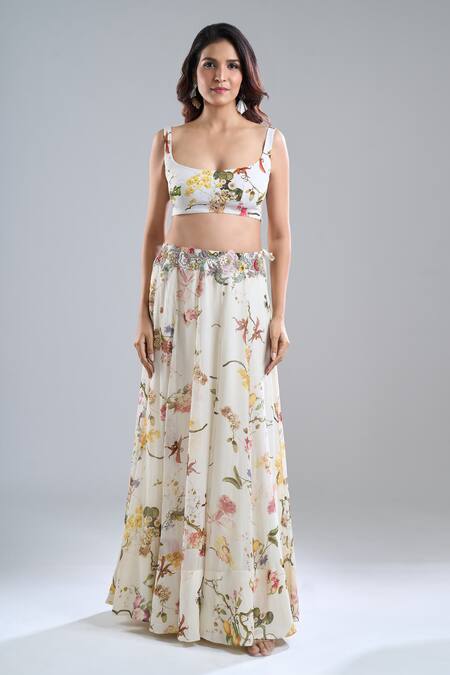Buy_Anamika Khanna_Ivory Embroidery, Sequins Collared, Scoop Neck Printed Skirt Set _Online_at_Aza_Fashions