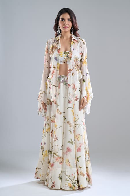 Shop_Anamika Khanna_Ivory Embroidery, Sequins Collared, Scoop Neck Printed Skirt Set _Online_at_Aza_Fashions
