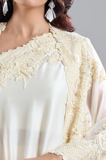 Anamika Khanna_Ivory Embroidery Open Neck, Bandeau Neck, One Shoulder Tonal Cape Sharara Set _Online_at_Aza_Fashions