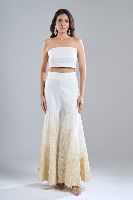 Buy_Anamika Khanna_Ivory Embroidery Open Neck, Bandeau Neck, One Shoulder Tonal Cape Sharara Set _Online_at_Aza_Fashions