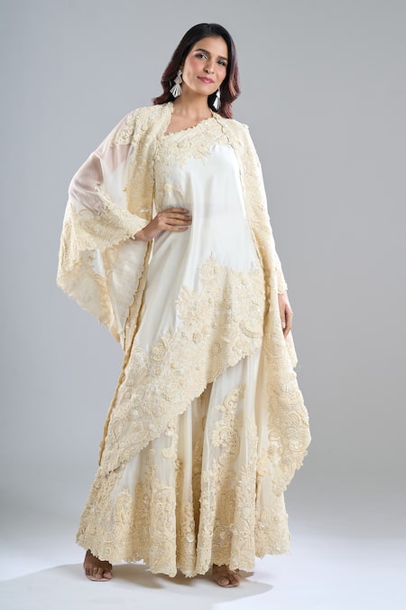 Shop_Anamika Khanna_Ivory Embroidery Open Neck, Bandeau Neck, One Shoulder Tonal Cape Sharara Set _Online_at_Aza_Fashions