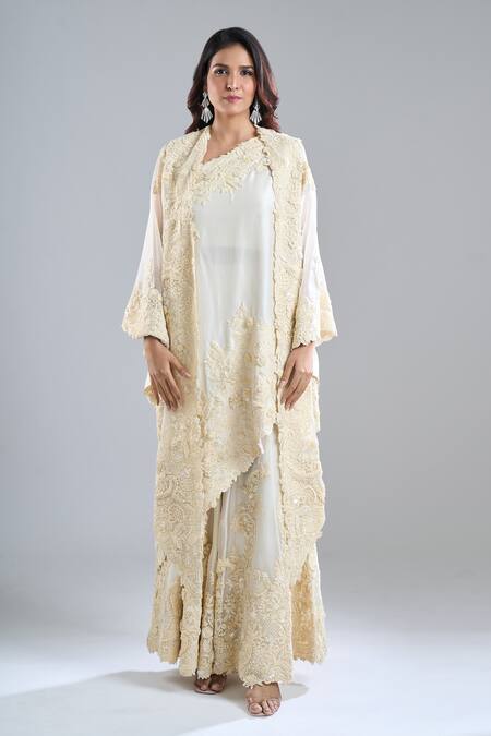 Anamika Khanna_Ivory Embroidery Open Neck, Bandeau Neck, One Shoulder Tonal Cape Sharara Set _at_Aza_Fashions