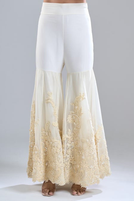 Buy_Anamika Khanna_Ivory Embroidery Open Neck, Bandeau Neck, One Shoulder Tonal Cape Sharara Set 