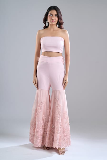Anamika Khanna_Pink Embroidery, Sequins Open Neck, Bandeau Neck, One Tonal Cape Sharara Set _Online_at_Aza_Fashions