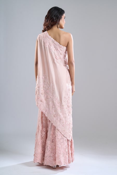 Buy_Anamika Khanna_Pink Embroidery, Sequins Open Neck, Bandeau Neck, One Tonal Cape Sharara Set _Online_at_Aza_Fashions