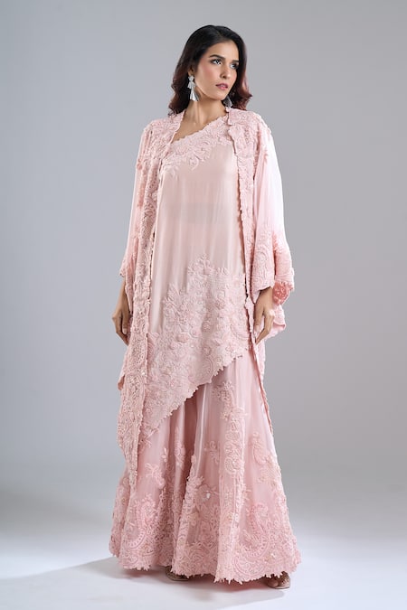 Shop_Anamika Khanna_Pink Embroidery, Sequins Open Neck, Bandeau Neck, One Tonal Cape Sharara Set _Online_at_Aza_Fashions
