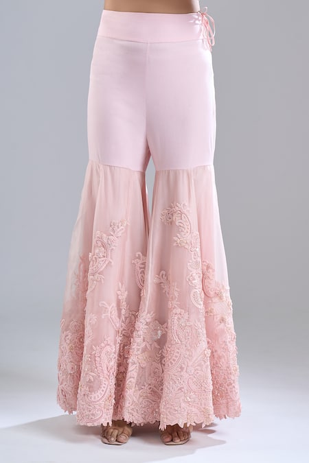 Anamika Khanna_Pink Embroidery, Sequins Open Neck, Bandeau Neck, One Tonal Cape Sharara Set _at_Aza_Fashions