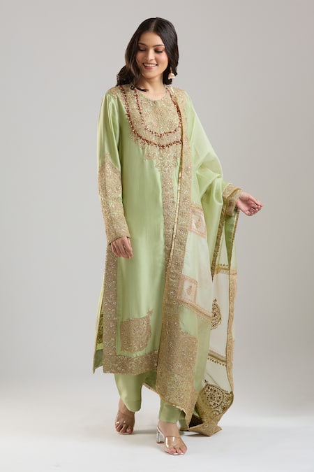 Anamika Khanna Green Embroidery, Sequins, Beads, Stones, Zari, Metallic Thread Mint Kurta Set at Aza Fashions Anamika Khanna_Green Embroidery, Sequins, Beads, Stones, Zari, Metallic Thread Mint Kurta Set _at_Aza_Fashions