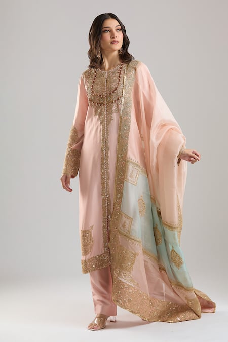 Anamika Khanna_Pink Embroidery, Beads, Zari, Sequins Round Neck Kurta Set _Online_at_Aza_Fashions