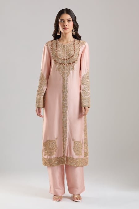 Shop_Anamika Khanna_Pink Embroidery, Beads, Zari, Sequins Round Neck Kurta Set _Online_at_Aza_Fashions