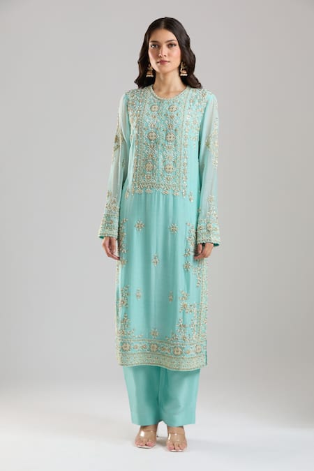 Shop Anamika Khanna Blue Embroidery, Metallic Thread, Sequins, Zari Round Neck Sky Kurta Set Online at Aza Fashions Shop_Anamika Khanna_Blue Embroidery, Metallic Thread, Sequins, Zari Round Neck Sky Kurta Set _Online_at_Aza_Fashions