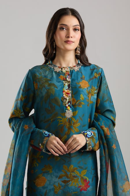 Anamika Khanna Blue Beads, Embroidery Round Neck Midnight Printed Kurta Set at Aza Fashions Anamika Khanna_Blue Beads, Embroidery Round Neck Midnight Printed Kurta Set_at_Aza_Fashions