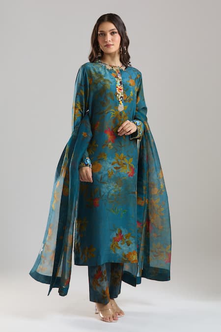 Buy Anamika Khanna Blue Beads, Embroidery Round Neck Midnight Printed Kurta Set Buy_Anamika Khanna_Blue Beads, Embroidery Round Neck Midnight Printed Kurta Set