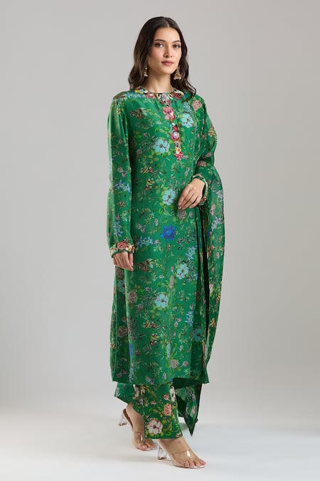 Shop Anamika Khanna Emerald Green Beads, Foil Printing Mandarin Collar Printed Kurta Set Online at Aza Fashions Shop_Anamika Khanna_Emerald Green Beads, Foil Printing Mandarin Collar Printed Kurta Set_Online_at_Aza_Fashions