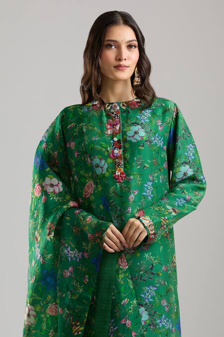 Anamika Khanna Emerald Green Beads, Foil Printing Mandarin Collar Printed Kurta Set at Aza Fashions Anamika Khanna_Emerald Green Beads, Foil Printing Mandarin Collar Printed Kurta Set_at_Aza_Fashions