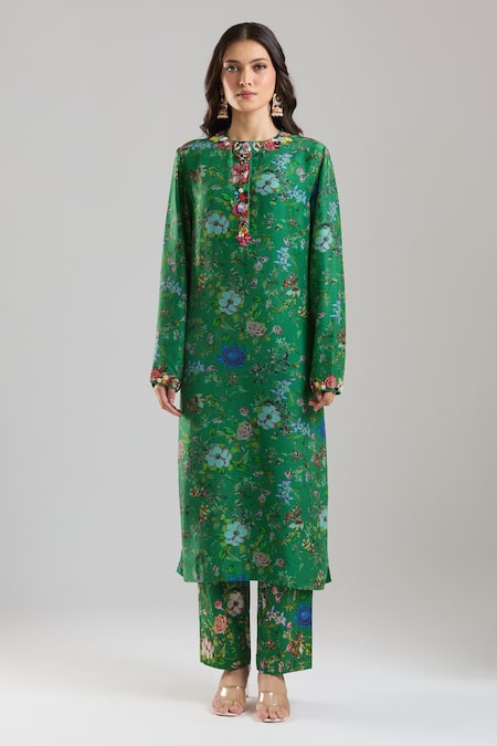 Buy Anamika Khanna Emerald Green Beads, Foil Printing Mandarin Collar Printed Kurta Set Buy_Anamika Khanna_Emerald Green Beads, Foil Printing Mandarin Collar Printed Kurta Set