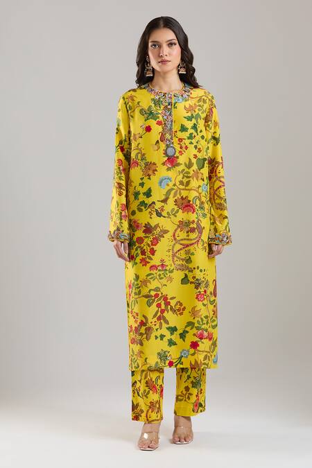 Anamika Khanna Yellow Beads Round Neck Mustard Printed Kurta Set Online at Aza Fashions Anamika Khanna_Yellow Beads Round Neck Mustard Printed Kurta Set_Online_at_Aza_Fashions