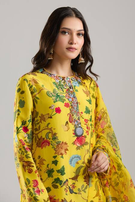 Buy Anamika Khanna Yellow Beads Round Neck Mustard Printed Kurta Set Online at Aza Fashions Buy_Anamika Khanna_Yellow Beads Round Neck Mustard Printed Kurta Set_Online_at_Aza_Fashions