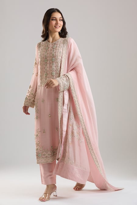 Anamika Khanna_Pink Embroidery Round Neck Kurta Set _Online_at_Aza_Fashions