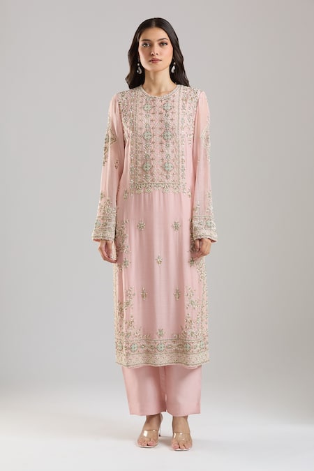 Buy_Anamika Khanna_Pink Embroidery Round Neck Kurta Set _Online_at_Aza_Fashions