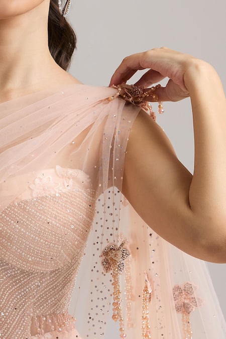 Tarun Tahiliani_Pink Embroidery, Sequins, Beads Sweetheart Neck Draped Corset Lehenga Set _Online_at_Aza_Fashions