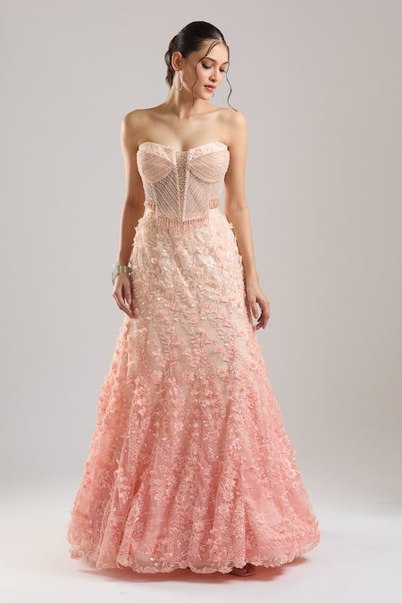 Shop_Tarun Tahiliani_Pink Embroidery, Sequins, Beads Sweetheart Neck Draped Corset Lehenga Set _Online_at_Aza_Fashions