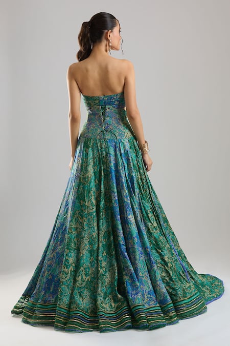 Buy_Tarun Tahiliani_Blue Embroidery, Zari, Stones, Metallic Thread Open Neck, Cape Lehenga Set _Online_at_Aza_Fashions