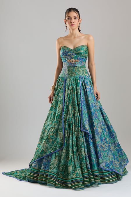 Tarun Tahiliani_Blue Embroidery, Zari, Stones, Metallic Thread Open Neck, Cape Lehenga Set _at_Aza_Fashions