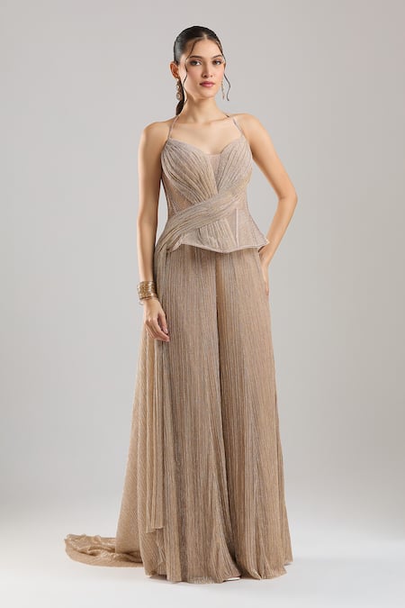 Tarun Tahiliani Shimmer Champagne Trouser Corset Set 