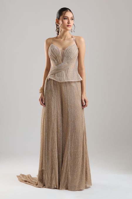 Tarun Tahiliani_Gold Sweetheart Neck Shimmer Champagne Trouser Corset Set _Online_at_Aza_Fashions