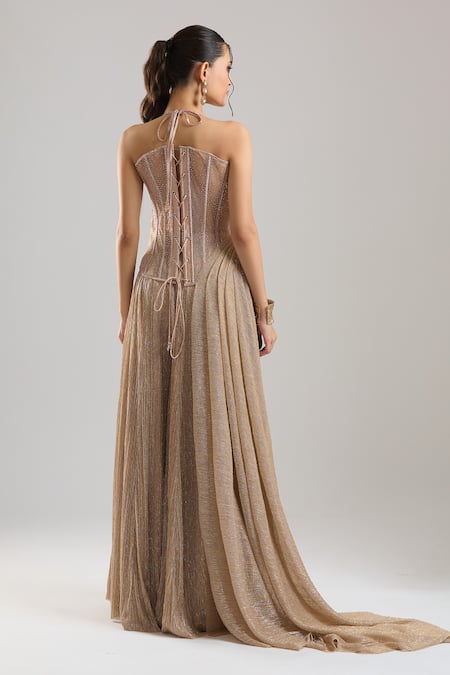 Tarun Tahiliani Shimmer Champagne Trouser Corset Set 